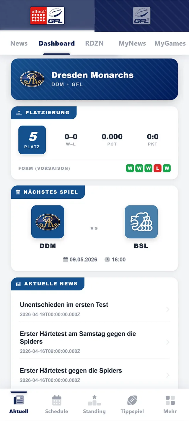 RDZN App: Dashboard des Lieblingsteams mit Platzierung und nächstem Spiel