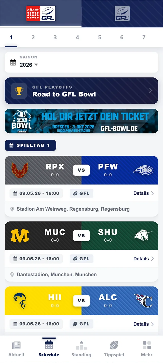 RDZN GFL App: Spielplan 2026 mit Spielkarten in Teamfarben