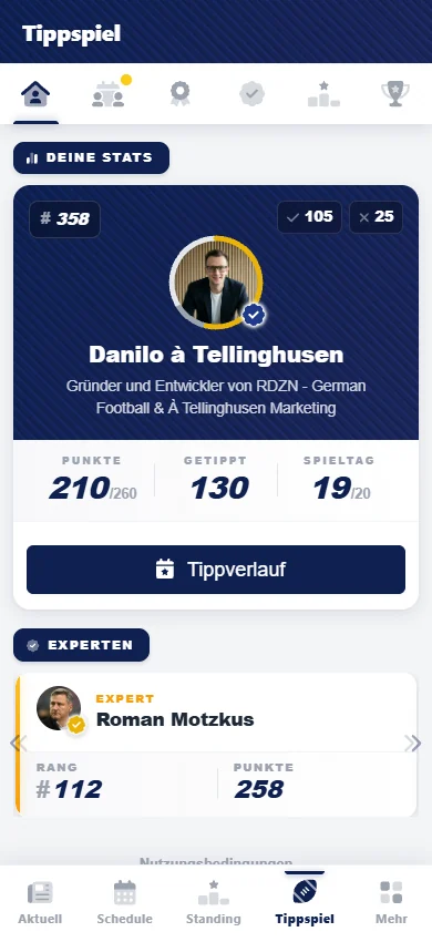RDZN App: Tippspiel-Dashboard mit Rang, Punkten und Experten